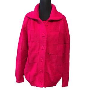 Vintage Sears Mary Lewis Hot Pink Chunky Knit Cardigan Sweater Japan Sz 38 Med